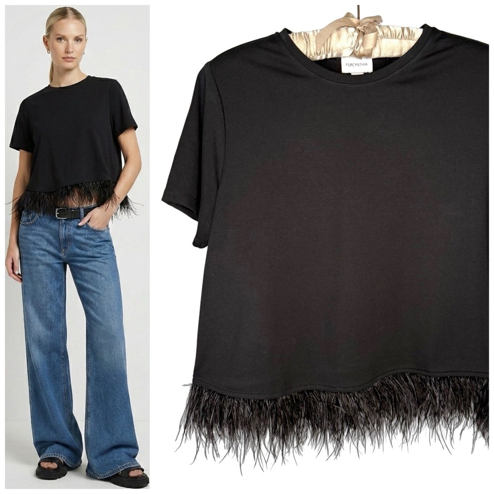 For Cynthia S Semi Cropped Real Feather Tee Shirt Top Sleeve Chic Black Boxy Cut